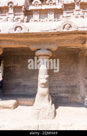 Single pillar view of rock carving in Mahabalipuram Stock Photo