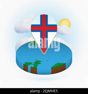 Isometric round map of Faroe Islands and point marker with flag of Faroe Islands. Cloud and sun on background. Isometric vector illustration. Stock Vector