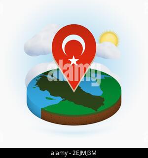 Isometric round map of Turkey and point marker with flag of Turkey. Cloud and sun on background. Isometric vector illustration. Stock Vector