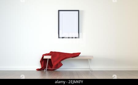 empty picture frame hanging on the wall in front of a bench - 3D rendering Stock Photo