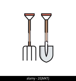 Shovel and pitchfork, simple gardening icon in trendy line style isolated on white background for web apps and mobile concept. Vector Illustration EPS Stock Vector