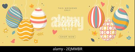 Easter egg sale horizontal banner. Easter card with flat eggs hang on a thread, colorful ornate eggs on white modern background. Vector illustration. Stock Vector