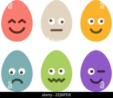 Set of colorful easter eggs with emojis. Flat cartoon vector egg character set Stock Vector