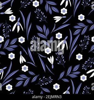Spring pattern with snowdrop, leaves and small flowers on black background Stock Vector