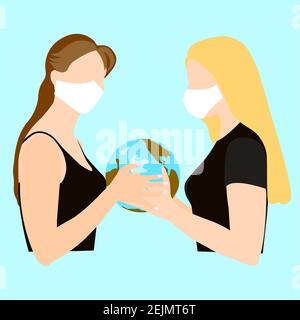Заголовок People wearing protective medical masks during the coronavirus protect the planet with their hands. People in medical masks. Coronavirus. Stock Photo