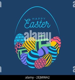 Happy easter card with eggs. Many beautiful flat multi-colored flat eggs are laid out in the shape of a large egg. Vector illustration for easter on b Stock Vector