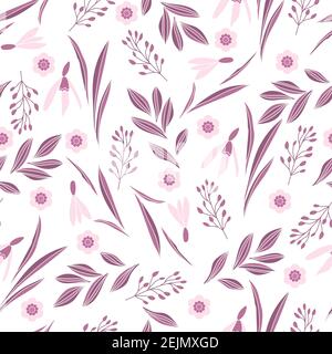 Spring pattern with snowdrop, leaves and small flowers on transparent background Stock Vector