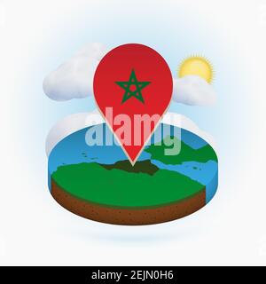Isometric round map of Morocco and point marker with flag of Morocco. Cloud and sun on background. Isometric vector illustration. Stock Vector