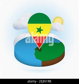 Isometric round map of Senegal and point marker with flag of Senegal. Cloud and sun on background. Isometric vector illustration. Stock Vector