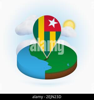 Isometric round map of Togo and point marker with flag of Togo. Cloud and sun on background. Isometric vector illustration. Stock Vector