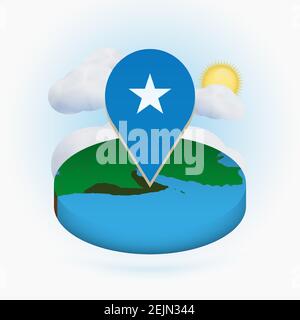 Isometric round map of Somalia and point marker with flag of Somalia. Cloud and sun on background. Isometric vector illustration. Stock Vector