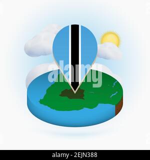 Isometric round map of Botswana and point marker with flag of Botswana. Cloud and sun on background. Isometric vector illustration. Stock Vector