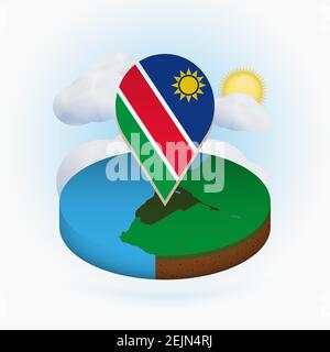 Isometric round map of Namibia and point marker with flag of Namibia. Cloud and sun on background. Isometric vector illustration. Stock Vector