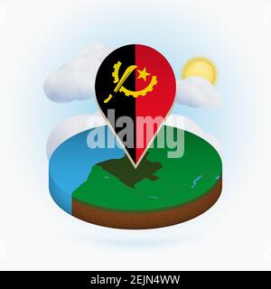 Isometric round map of Angola and point marker with flag of Angola. Cloud and sun on background. Isometric vector illustration. Stock Vector