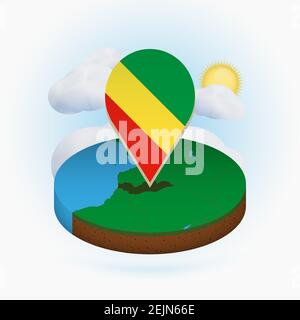 Isometric round map of Congo and point marker with flag of Congo. Cloud and sun on background. Isometric vector illustration. Stock Vector