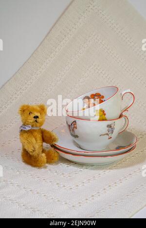 Vintage Child's Tea Set miniature stuffed bear Stock Photo