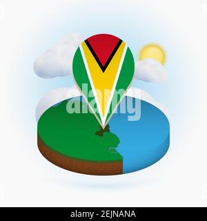 Isometric round map of Guyana and point marker with flag of Guyana. Cloud and sun on background. Isometric vector illustration. Stock Vector