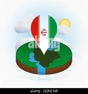 Isometric round map of Iran and point marker with flag of Iran. Cloud and sun on background. Isometric vector illustration. Stock Vector