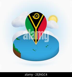 Isometric round map of Vanuatu and point marker with flag of Vanuatu. Cloud and sun on background. Isometric vector illustration. Stock Vector