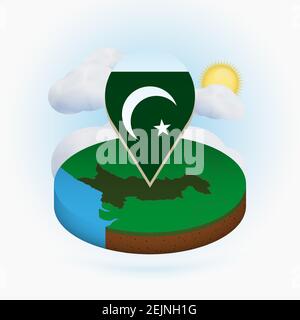 Isometric round map of Pakistan and point marker with flag of Pakistan. Cloud and sun on background. Isometric vector illustration. Stock Vector