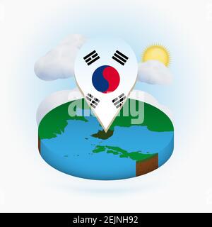 Isometric round map of South Korea and point marker with flag of South Korea. Cloud and sun on background. Isometric vector illustration. Stock Vector