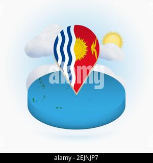 Isometric round map of Kiribati and point marker with flag of Kiribati. Cloud and sun on background. Isometric vector illustration. Stock Vector