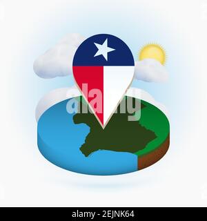 Isometric round map of US state Texas and point marker with flag of Texas. Cloud and sun on background. Isometric vector illustration. Stock Vector