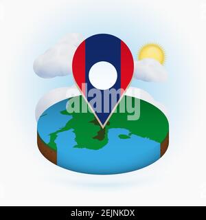 Isometric round map of Laos and point marker with flag of Laos. Cloud and sun on background. Isometric vector illustration. Stock Vector