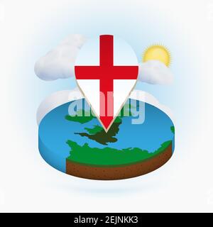 Isometric round map of England and point marker with flag of England. Cloud and sun on background. Isometric vector illustration. Stock Vector