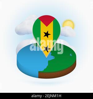 Isometric round map of Sao Tome and Principe and point marker with flag of Sao Tome and Principe. Cloud and sun on background. Isometric vector illust Stock Vector
