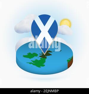 Isometric round map of Scotland and point marker with flag of Scotland. Cloud and sun on background. Isometric vector illustration. Stock Vector