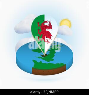 Isometric round map of Wales and point marker with flag of Wales. Cloud and sun on background. Isometric vector illustration. Stock Vector