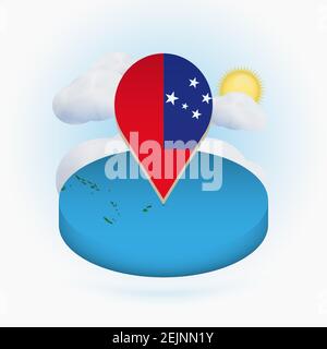 Isometric round map of Samoa and point marker with flag of Samoa. Cloud and sun on background. Isometric vector illustration. Stock Vector