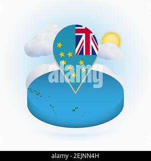 Isometric round map of Tuvalu and point marker with flag of Tuvalu. Cloud and sun on background. Isometric vector illustration. Stock Vector