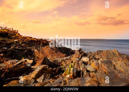 Nova Scotia Ovens Natural Park on the Atlantic Coast Holiday Camping Park Resort during sunset. This is a popular Tourist location on the east Canadia Stock Photo