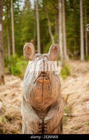 Chainsaw Wood Art Carved Animal Bear in a Pine Wood Forest with many log trees for carving and handmade crafts from wood. Stock Photo