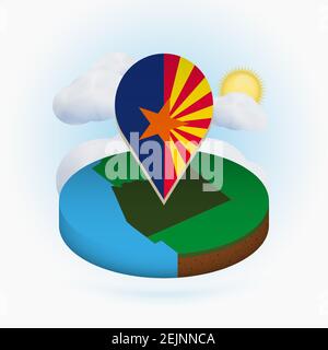 Isometric round map of US state Arizona and point marker with flag of Arizona. Cloud and sun on background. Isometric vector illustration. Stock Vector