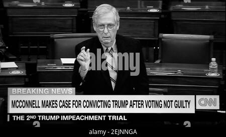 A TV screenshot of a CNN broadcast of Senator Mitch McConnell speaking following the Senate's acquittal of former U.S. President Donald Trump. Stock Photo