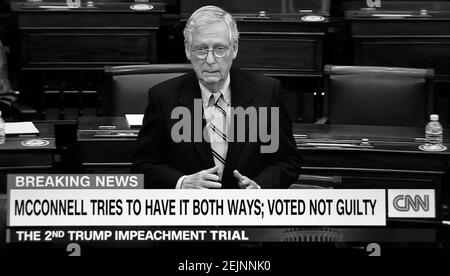 A TV screenshot of a CNN broadcast of Senator Mitch McConnell speaking following the Senate's acquittal of former U.S. President Donald Trump. Stock Photo