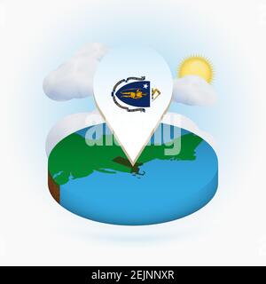 Isometric round map of US state Massachusetts and point marker with flag of Massachusetts. Cloud and sun on background. Isometric vector illustration. Stock Vector