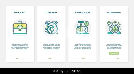 Repair equipment for car service vector illustration. UX, UI onboarding mobile app page screen set with line car pump, manometer pressure gauge, first aid kit pharmacy, tow vehicle rope symbols Stock Vector