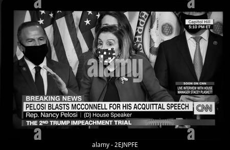 House Speaker Nancy Pelosi speaks to news reporters after the U.S. Senate voted to acquit former President Donald Trump of the Jan. 6 Capitol riot. Stock Photo