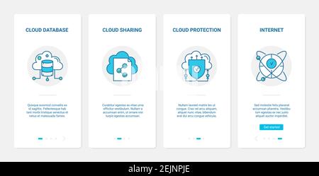 Cloud database protection, safety technology vector illustration. UX, UI onboarding mobile app page screen set with line modern safe network software to protect data, internet privacy defense symbols Stock Vector