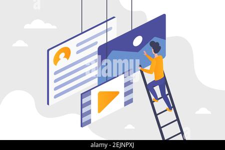 People upload files video content concept vector illustration. Cartoon man user character standing on ladder stairs in uploading process of digital data, video and audio documents to cloud background Stock Vector