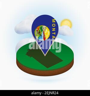 Montana map in round isometric style with triangular 3D flag of US ...