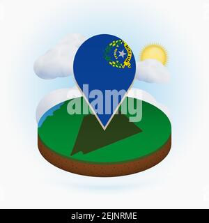 Isometric round map of US state Nevada and point marker with flag of Nevada. Cloud and sun on background. Isometric vector illustration. Stock Vector