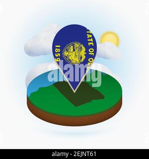 Isometric round map of USA and point marker with flag of United States ...