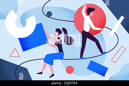 People teamwork organization vector illustration. Cartoon man woman characters team working together, collecting and organizing abstract colorful geometric shape, creative geometry metaphor background Stock Vector