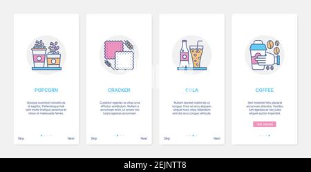 Fast food and drink takeaway menu vector illustration. UX, UI onboarding mobile app page screen set with line popcorn cracker cookies cola coffee beverage, fastfood snacks unhealthy eating symbols Stock Vector