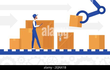 Delivery automation control, loading process concept vector illustration. Cartoon worker character working in warehouse, standing with postal goods in boxes on automated conveyor belt line, robot arms Stock Vector